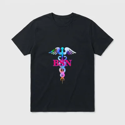 BSN Bachelor of Science in Caduceus T-Shirt – BSN in bold pink over a colorful watercolor caduceus – Classic T-Shirt in Black