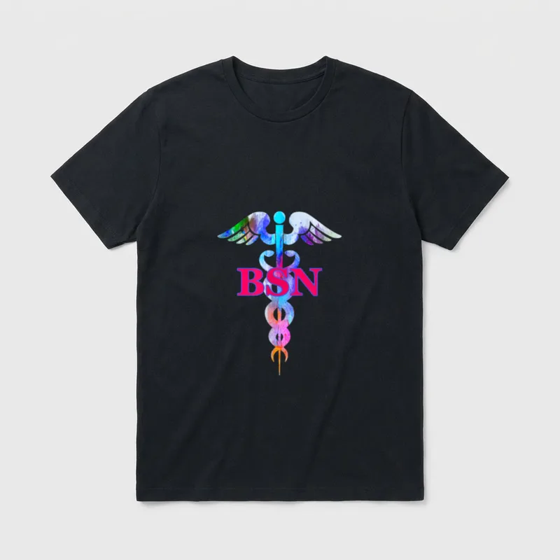 BSN Bachelor of Science in Caduceus T-Shirt – BSN in bold pink over a colorful watercolor caduceus – Classic T-Shirt in Black