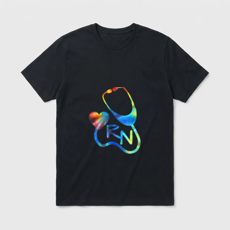Registered Nurse RN Stethoscope Tie Dye T-Shirt – tie-dye stethoscope with heart and RN lettering – Classic T-Shirt in Black