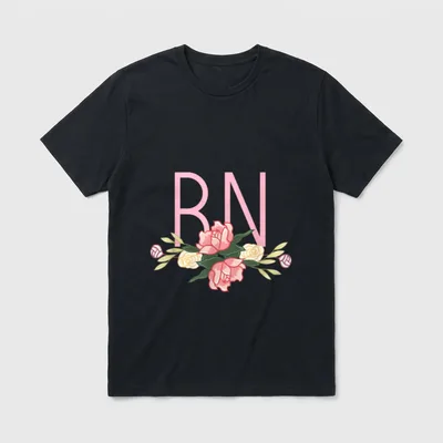 RN Floral Bar Retro Registered Nurse T-Shirt – Pink RN letters with blooming roses and foliage bar – Classic T-Shirt in Black