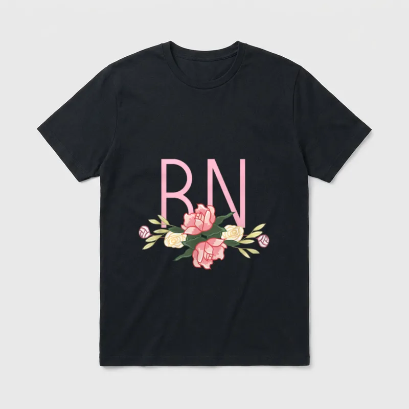 RN Floral Bar Retro Registered Nurse T-Shirt – Pink RN letters with blooming roses and foliage bar – Classic T-Shirt in Black