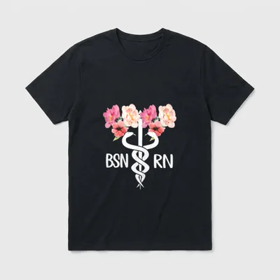 BSN RN Caduceus T-Shirt – Floral caduceus symbol with BSN and RN lettering – Classic T-Shirt in Black