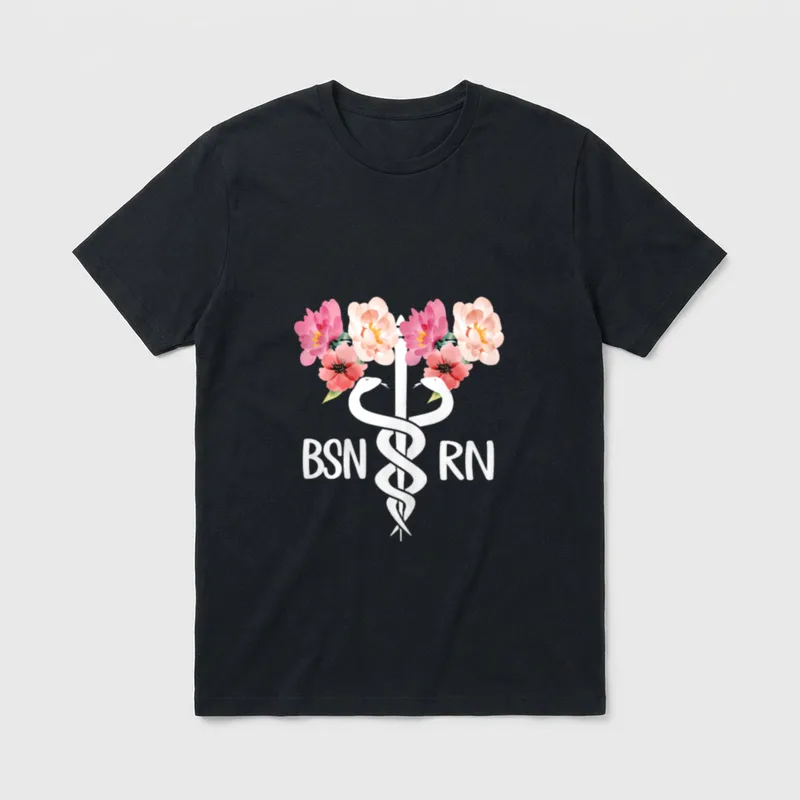 BSN RN Caduceus T-Shirt – Floral caduceus symbol with BSN and RN lettering – Classic T-Shirt in Black