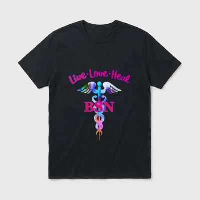 BSN Registered Nurse Live Love Heal T-Shirt – Watercolor caduceus with BSN and Live Love Heal – Classic T-Shirt in Black