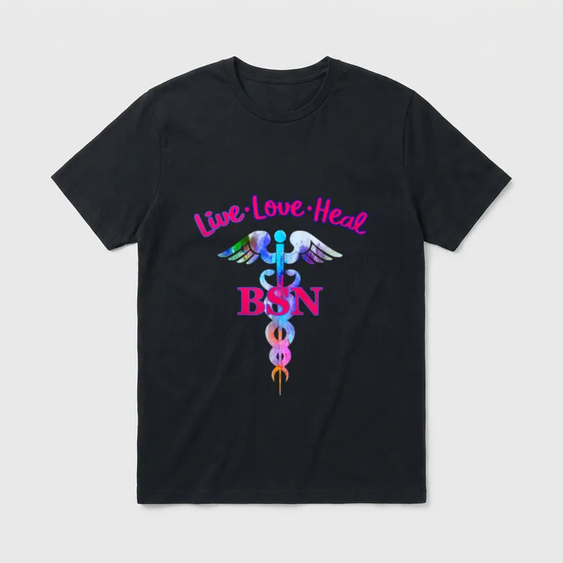 BSN Registered Nurse Live Love Heal T-Shirt – Watercolor caduceus with BSN and Live Love Heal – Classic T-Shirt in Black