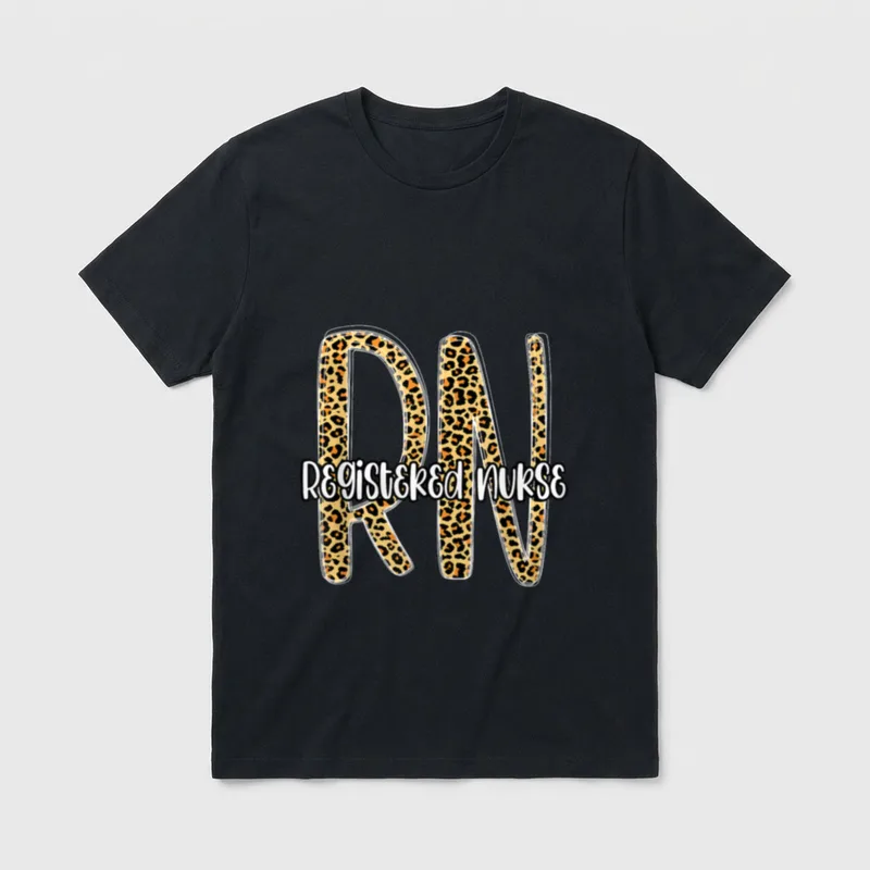 registered nurse t-shirt – Leopard print RN lettering with Registered Nurse script – Classic T-Shirt in Black