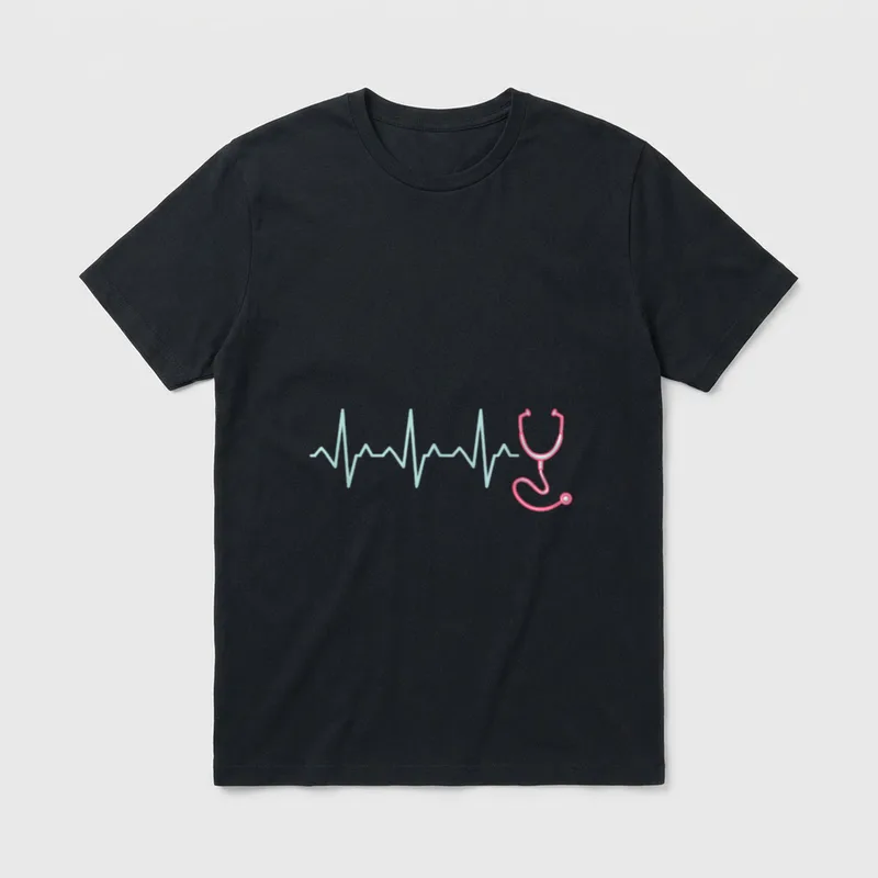 Heartbeat Nurse Registered T-Shirt – EKG pulse rhythm line connecting to a stethoscope graphic – Classic T-Shirt in Black