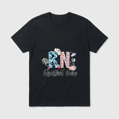 Registered Nurse for Student RN T-Shirt – RN Registered Nurse floral lettering – Classic T-Shirt in Black