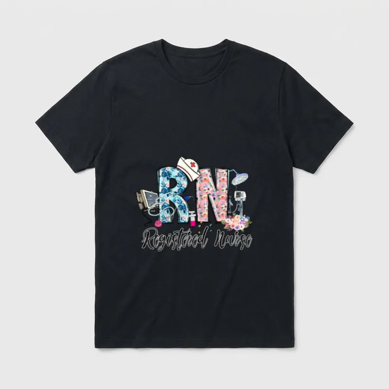 Registered Nurse for Student RN T-Shirt – RN Registered Nurse floral lettering – Classic T-Shirt in Black