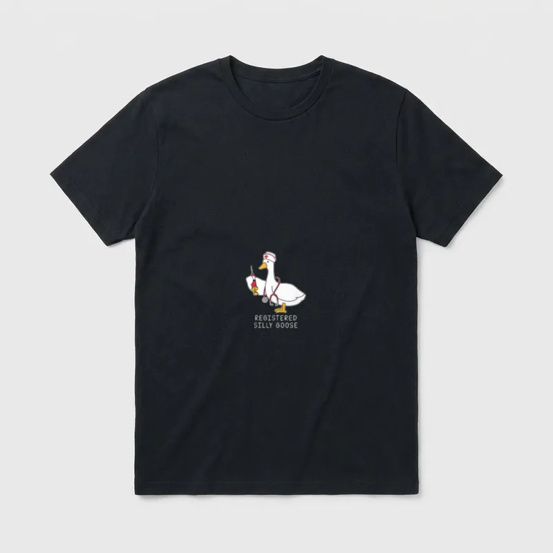 Silly Goose Registered Nurse T-Shirt – White goose in nurse cap and stethoscope holding a syringe – Classic T-Shirt in Black