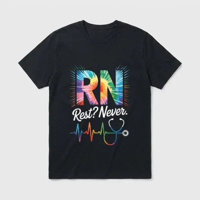 RN Rest Never Funny Registered Nurse T-Shirt – Printed text reading RN Rest? Never – Classic T-Shirt in Black