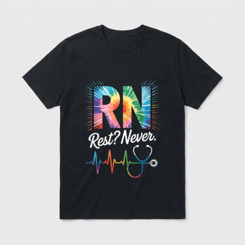 RN Rest Never Funny Registered Nurse T-Shirt – Printed text reading RN Rest? Never – Classic T-Shirt in Black