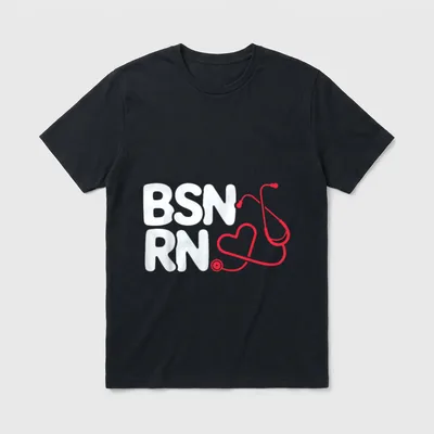 BSN RN Registered Nurse Nursing T-Shirt – BSN RN lettering beside a red heart stethoscope – Classic T-Shirt in Black