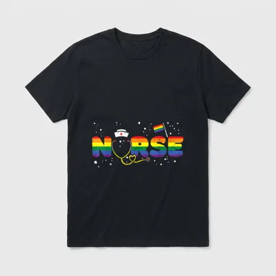 Rainbow Flag Nurse RN T-Shirt – NURSE spelled in rainbow letters with a stethoscope and pride flag – Classic T-Shirt in Black