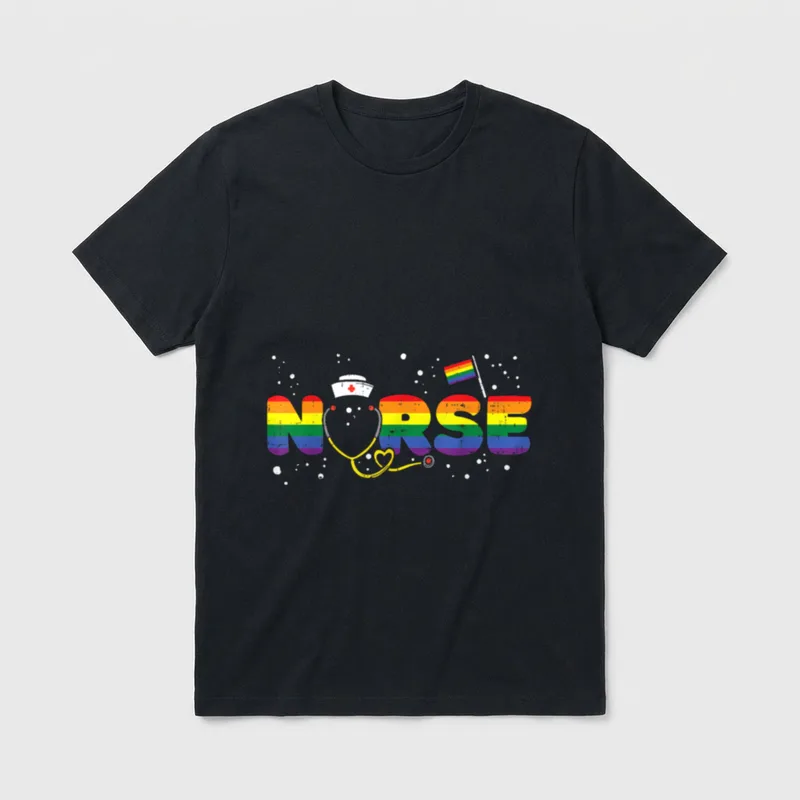 Rainbow Flag Nurse RN T-Shirt – NURSE spelled in rainbow letters with a stethoscope and pride flag – Classic T-Shirt in Black