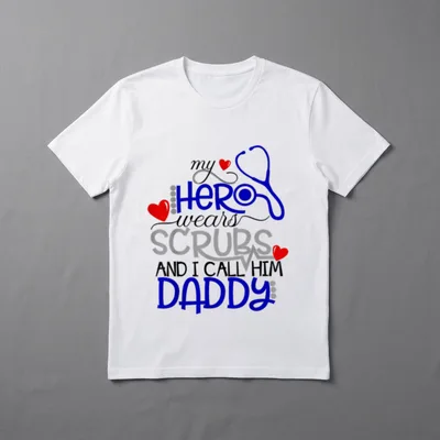 Kids RN Scrubs T-Shirt – my HERO wears SCRUBS AND I CALL HIM DADDY – Classic T-Shirt in Black