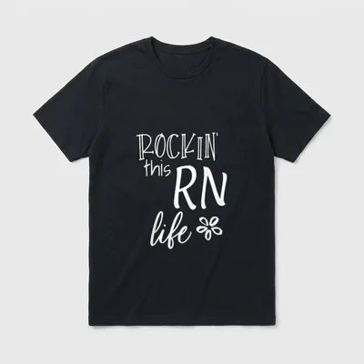 Rockin This Life Cute RN T-Shirt – ROCKIN' this RN life with a small five-petal flower sketch – Classic T-Shirt in Black
