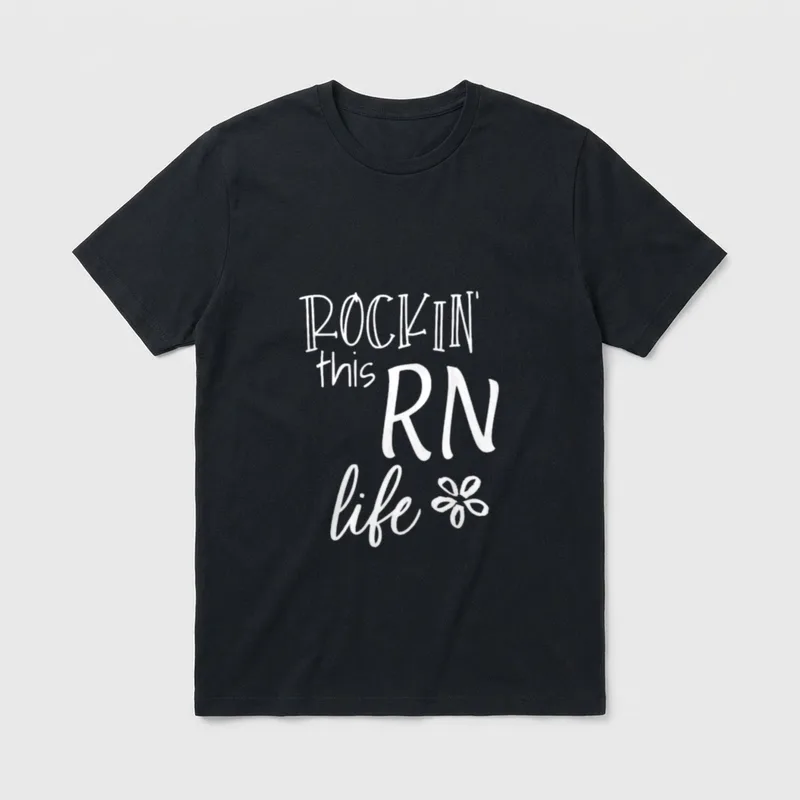Rockin This Life Cute RN T-Shirt – ROCKIN' this RN life with a small five-petal flower sketch – Classic T-Shirt in Black