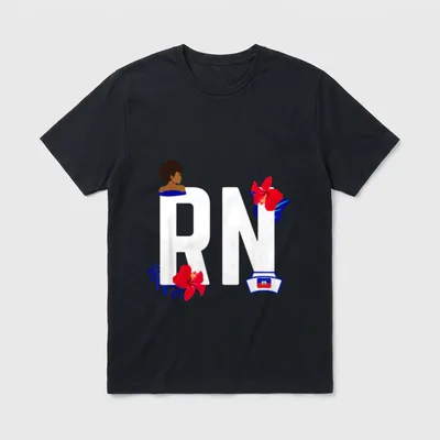 Haitian Nurse RN Haiti Flag Pride T-Shirt – RN letters with hibiscus blooms and nurse cap – Classic T-Shirt in Black