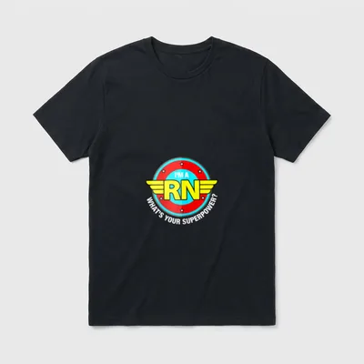 Registered Nurse Wonder T-Shirt – Circular winged badge reading I'M A RN WHAT'S YOUR SUPERPOWER? – Classic T-Shirt in Black