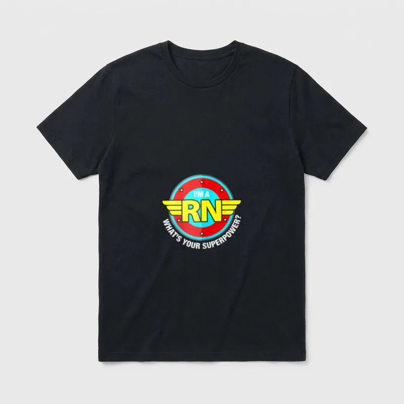Registered Nurse Wonder T-Shirt – Circular winged badge reading I'M A RN WHAT'S YOUR SUPERPOWER? – Classic T-Shirt in Black