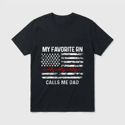 Registered Nurse Dad T-Shirt – Distressed American flag with a red pulse line and nurse dad text – Classic T-Shirt in Black