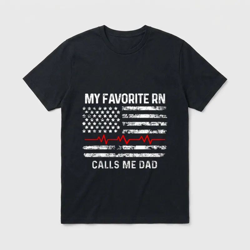 Registered Nurse Dad T-Shirt – Distressed American flag with a red pulse line and nurse dad text – Classic T-Shirt in Black
