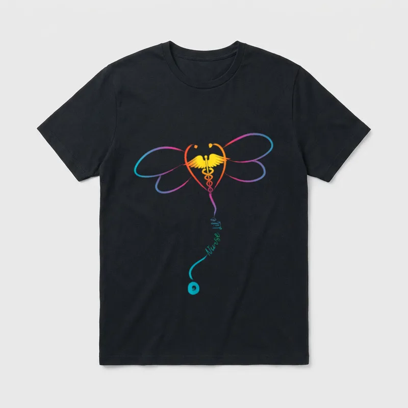 Nurse Life RN Colorful Dragonfly Stethoscope T-Shirt – Classic T-Shirt in Black