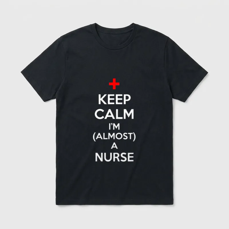 Funny RN Graduate Nurse T-Shirt – Red medical cross with Keep Calm I’m (Almost) a Nurse lettering – Classic T-Shirt in Black