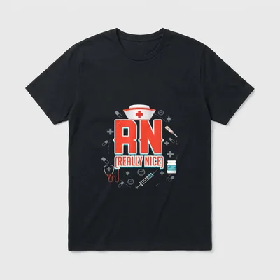 RN Really Nice Registered Nurse T-Shirt – Red RN letters with REALLY NICE subtitle and a nurse cap – Classic T-Shirt in Black