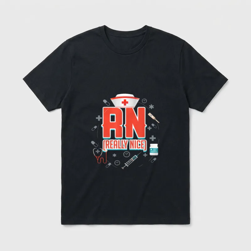 RN Really Nice Registered Nurse T-Shirt – Red RN letters with REALLY NICE subtitle and a nurse cap – Classic T-Shirt in Black