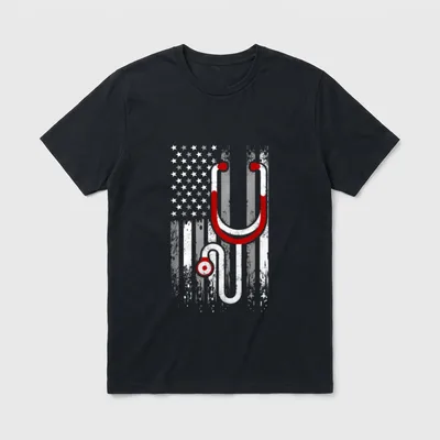 Thin Red Line Nurse T-Shirt – Distressed American flag graphic overlaid with a red stethoscope – Classic T-Shirt in Black