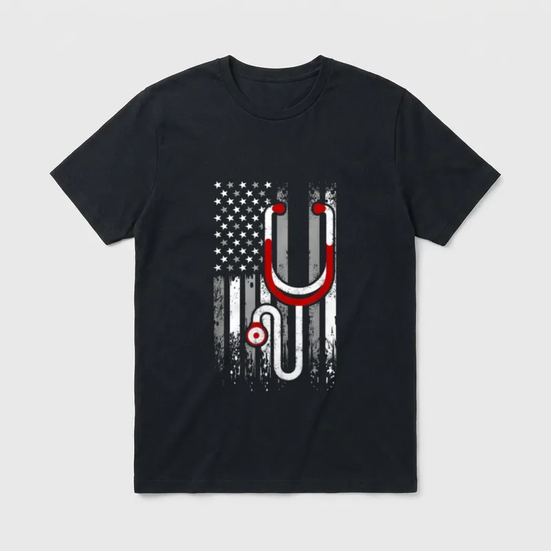 Thin Red Line Nurse T-Shirt – Distressed American flag graphic overlaid with a red stethoscope – Classic T-Shirt in Black