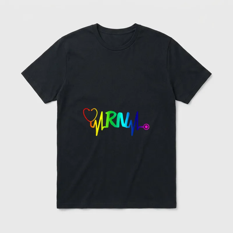 Nurse Heartbeat RN Rainbow T-Shirt – “RN” with rainbow stethoscope and heartbeat line – Classic T-Shirt in Black