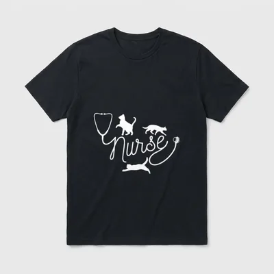 Nurse Cat Mom T-Shirt – Stethoscope outline spelling Nurse beside playful cat silhouettes – Classic T-Shirt in Black