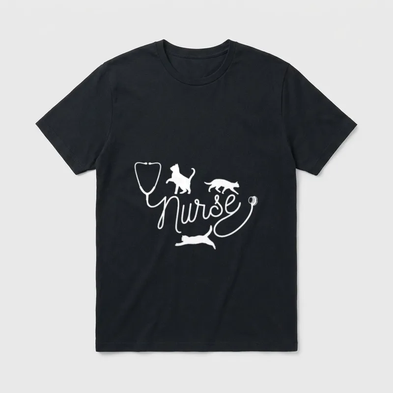 Nurse Cat Mom T-Shirt – Stethoscope outline spelling Nurse beside playful cat silhouettes – Classic T-Shirt in Black