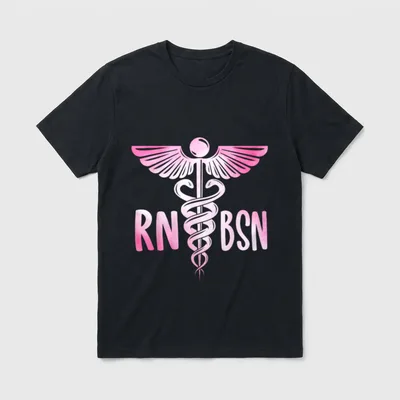 RN BSN Registered Nurse Bachelor T-Shirt – Pink watercolor caduceus with RN and BSN letters – Classic T-Shirt in Black