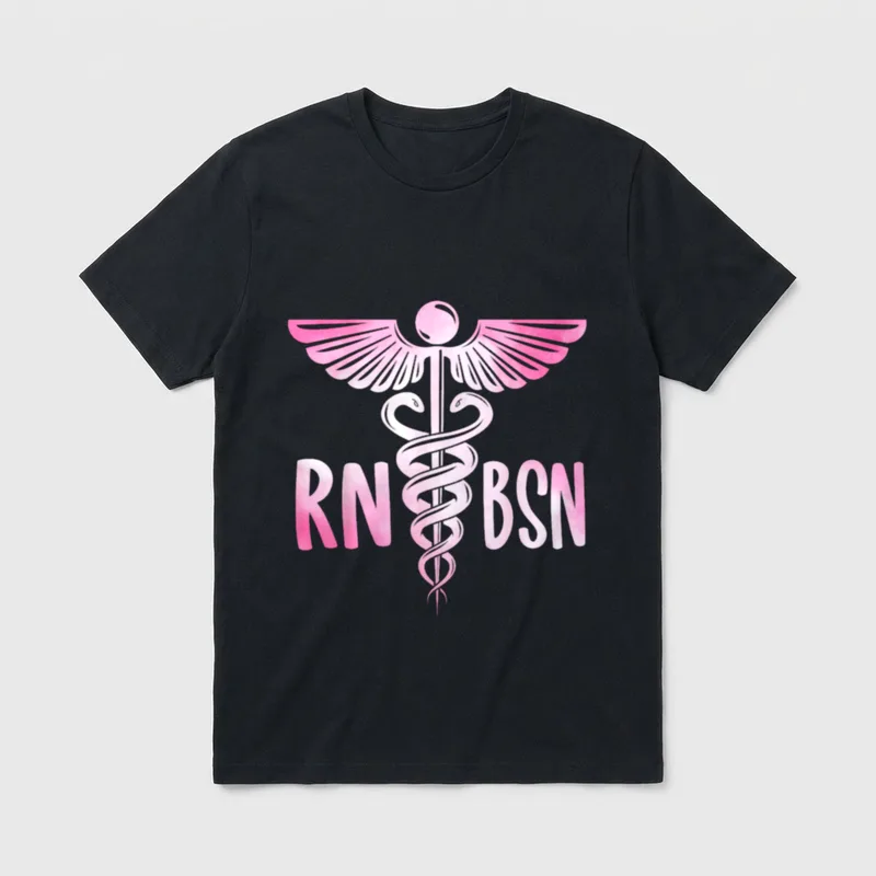 RN BSN Registered Nurse Bachelor T-Shirt – Pink watercolor caduceus with RN and BSN letters – Classic T-Shirt in Black