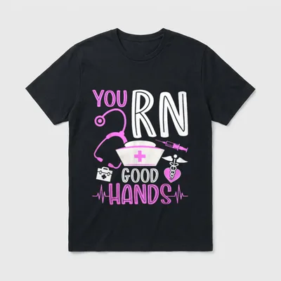 You RN Good Hands Funny Registered T-Shirt – YOU RN GOOD HANDS with nurse cap and stethoscope – Classic T-Shirt in Black