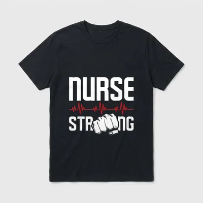 Nurse Strong T-Shirt – NURSE STRONG lettering with red pulse line and clenched fist – Classic T-Shirt in Black