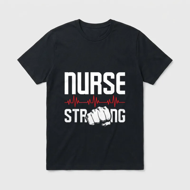 Nurse Strong T-Shirt – NURSE STRONG lettering with red pulse line and clenched fist – Classic T-Shirt in Black