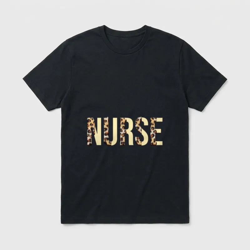 Nurse Leopard T-Shirt – The word NURSE in split leopard pattern and cream lettering – Classic T-Shirt in Black
