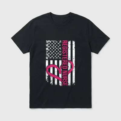 Registered Nurse Flag T-Shirt – Distressed flag with pink heart and REGISTERED NURSE lettering – Classic T-Shirt in Black