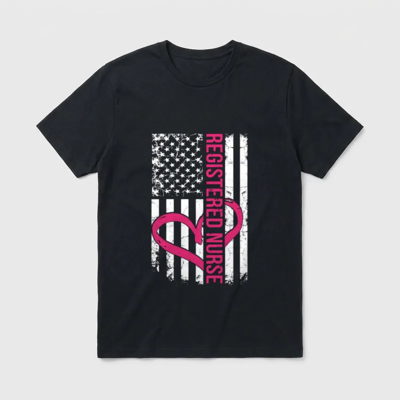 Registered Nurse Flag T-Shirt – Distressed flag with pink heart and REGISTERED NURSE lettering – Classic T-Shirt in Black