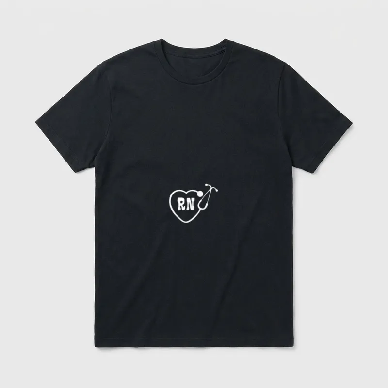 RN Nurse Stethoscope Heart T-Shirt – Stethoscope curved into a heart enclosing bold RN lettering – Classic T-Shirt in Black