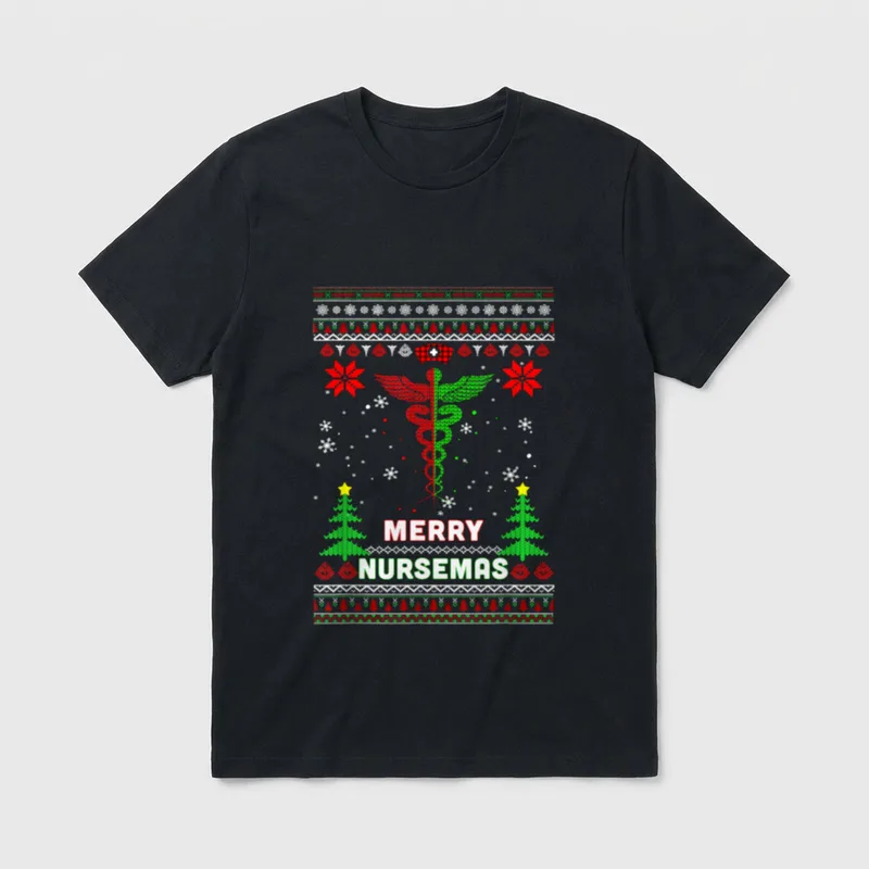 Christmas for Our Hard Working Nurses T-Shirt – Merry Nursemas printed lettering – Classic T-Shirt in Black