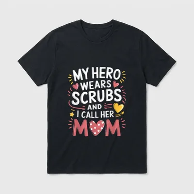 Rn Nurse Scrubs T-Shirt – My Hero Wears Scrubs And I Call Her Mom lettering with hearts – Classic T-Shirt in Black