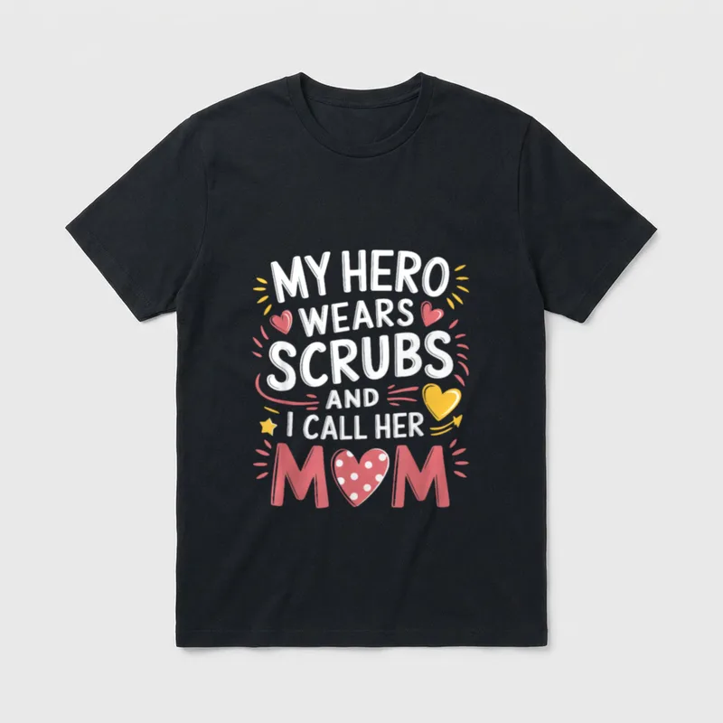 Rn Nurse Scrubs T-Shirt – My Hero Wears Scrubs And I Call Her Mom lettering with hearts – Classic T-Shirt in Black