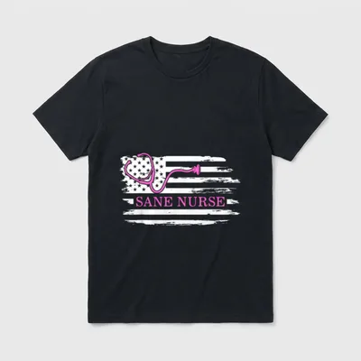 Sane Nurse Tea T-Shirt – Pink stethoscope and SANE NURSE text across a distressed white flag – Classic T-Shirt in Black