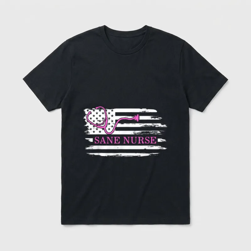 Sane Nurse Tea T-Shirt – Pink stethoscope and SANE NURSE text across a distressed white flag – Classic T-Shirt in Black